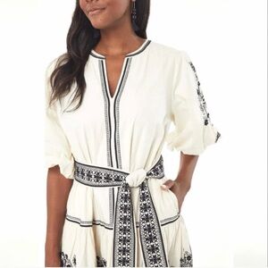 Roller Rabbit Embroidered Ivory Boho Belted Dress